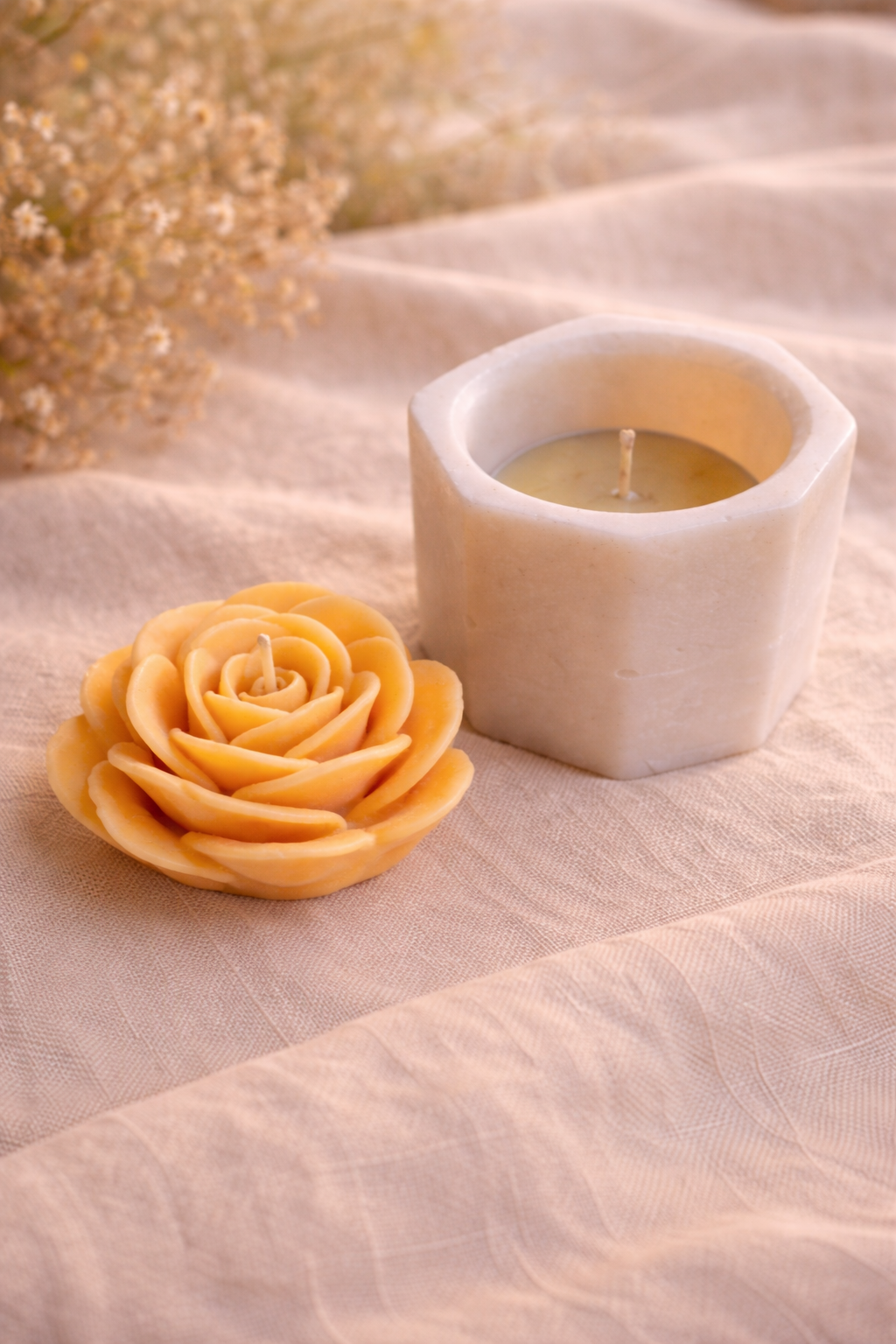 Yellow Rose Candle & Hexagonal Tealight Holder Set