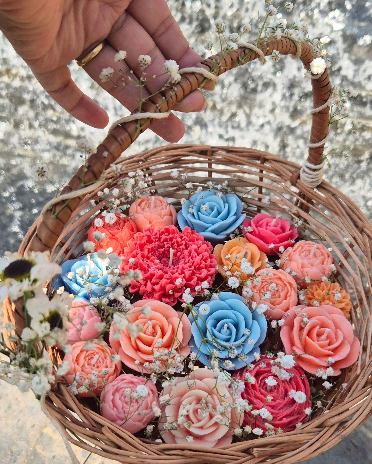 Artisanal Floral Candle Bouquet | Wicker Basket