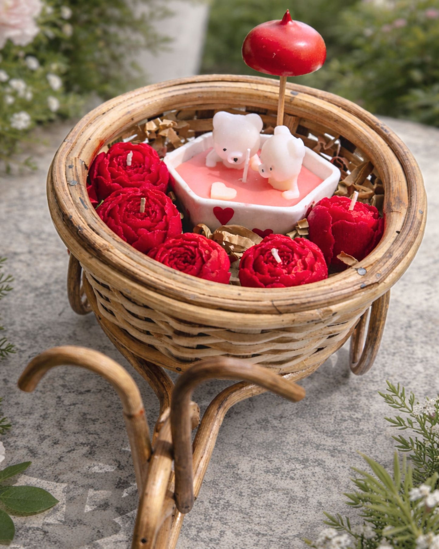 On The Way To Ur Heart | Wicker basket on wheel  bear couple candle center piece & red rose Candle
