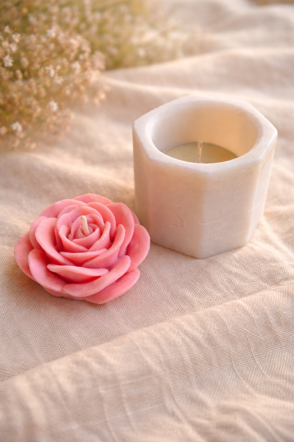 Pink Rose Candle & Hexagonal Tealight Holder Set