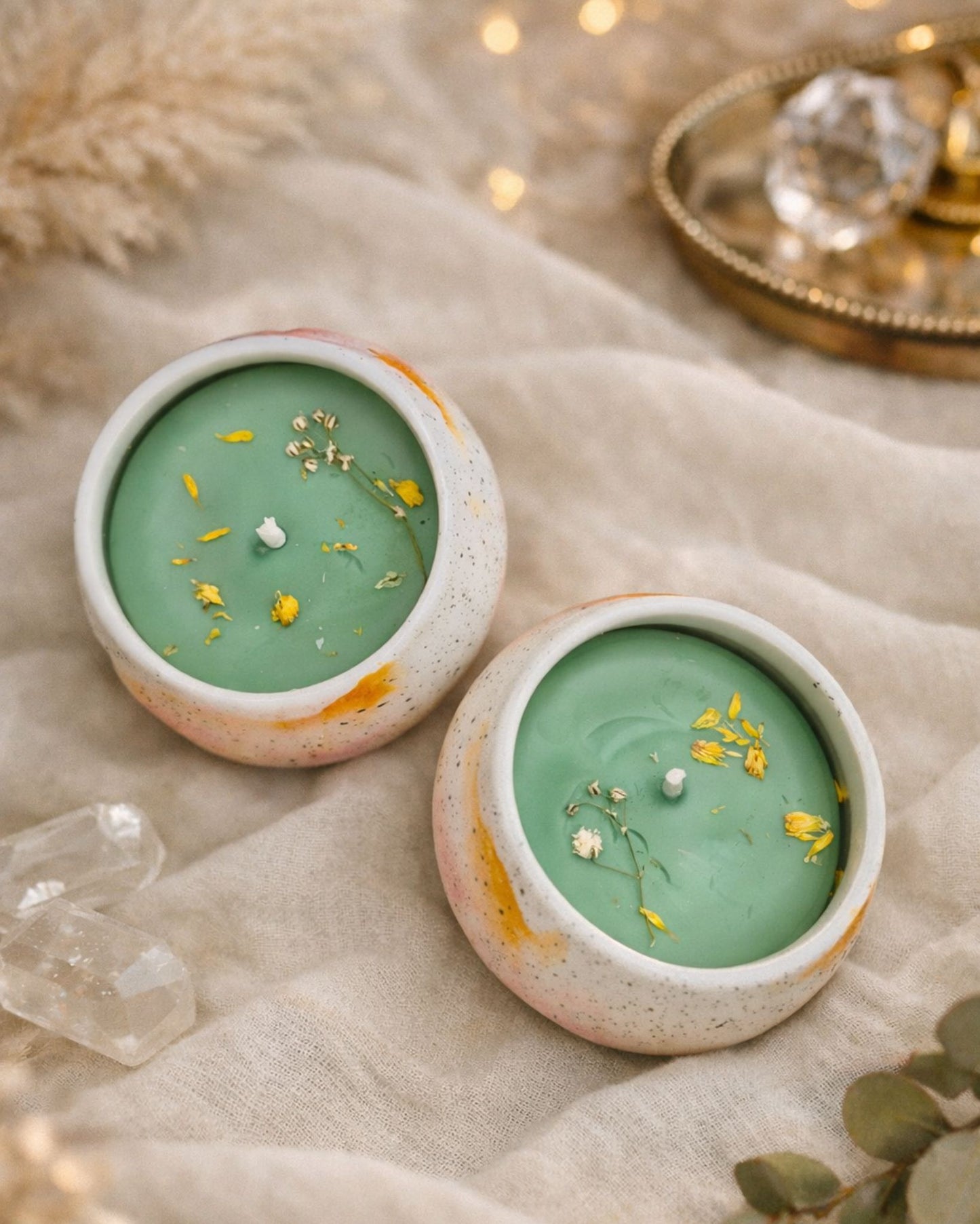 Mini Ceramic Bowl Candle set of 2  | Green Wax