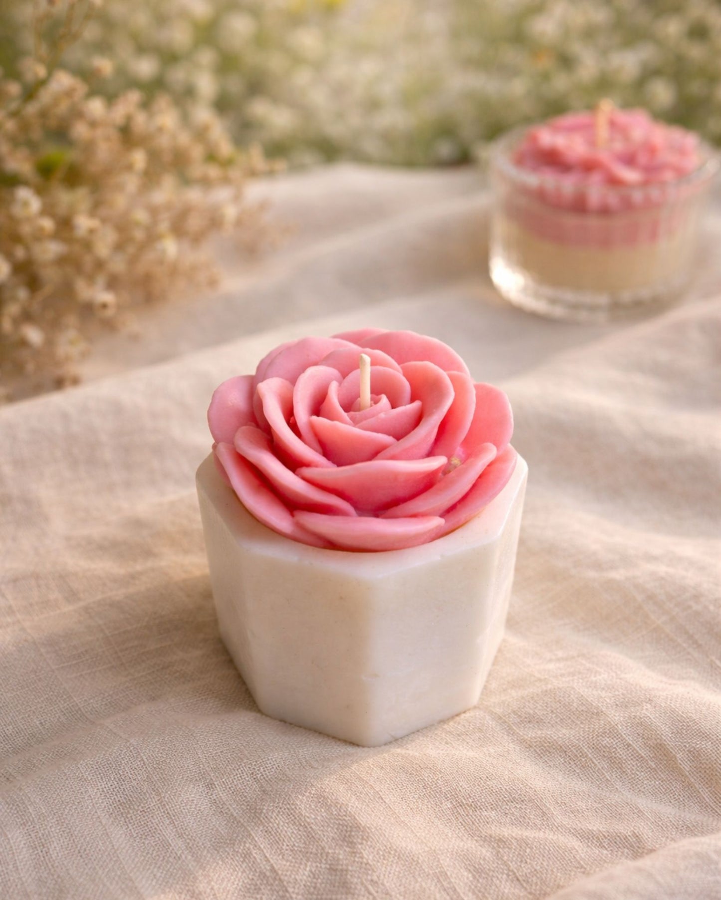 Pink Rose Candle & Hexagonal Tealight Holder Set