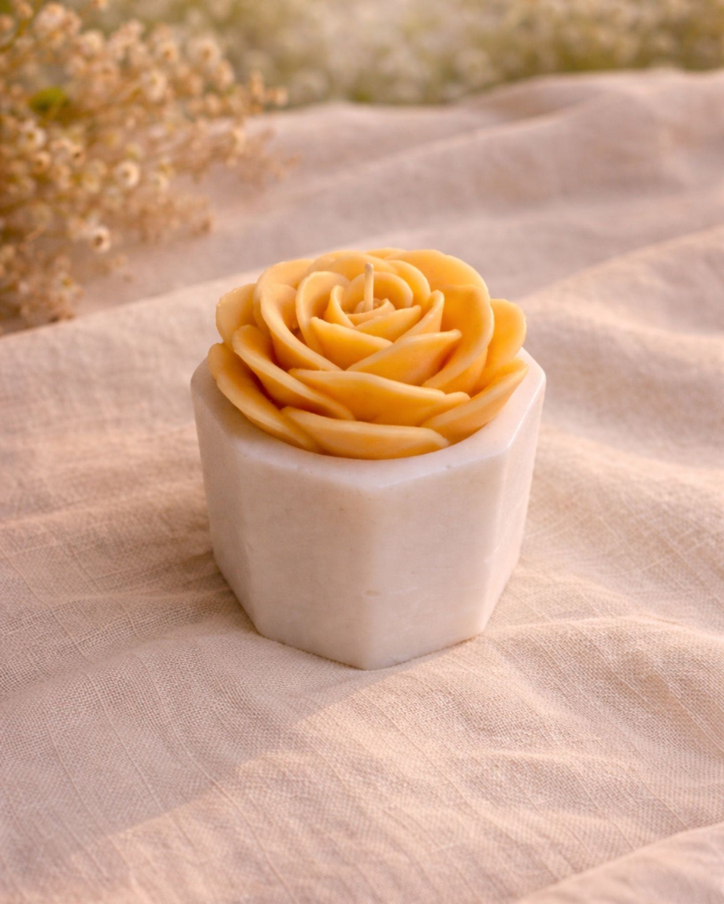 Yellow Rose Candle & Hexagonal Tealight Holder Set