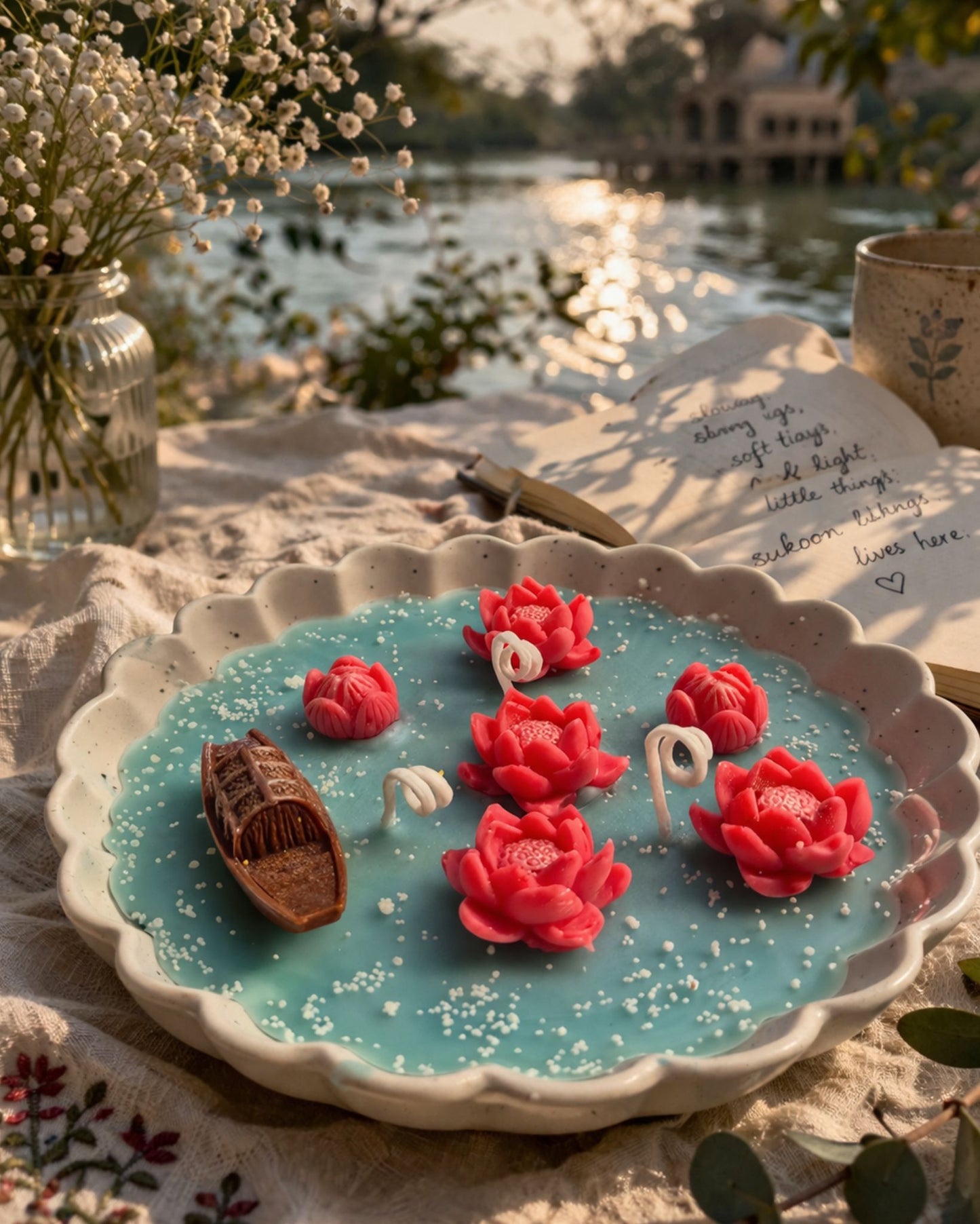 Lake Serenity | Ceramic Urli Lotus & Boat Candle