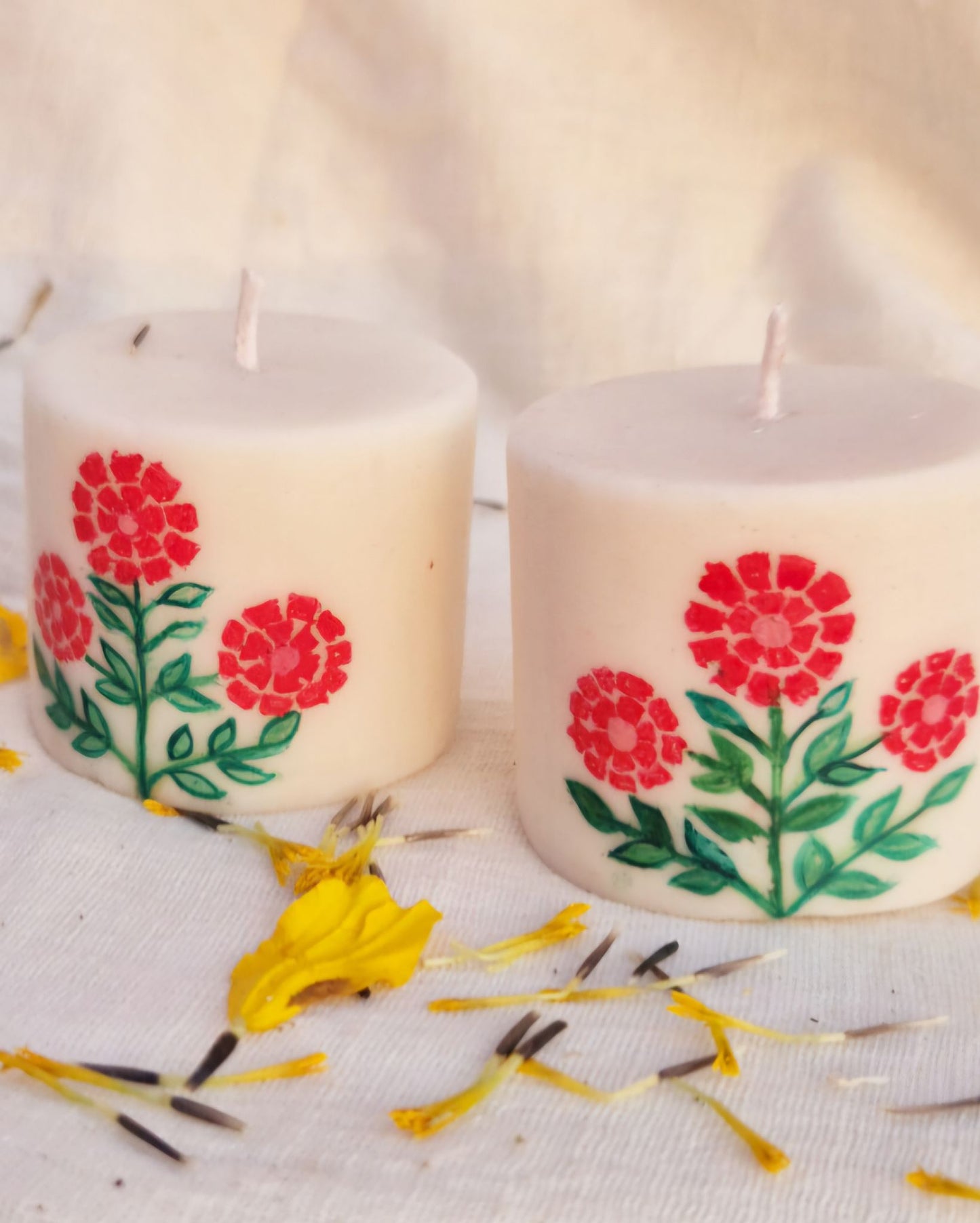 Indian Flower Handpainted Candle Set of 2
