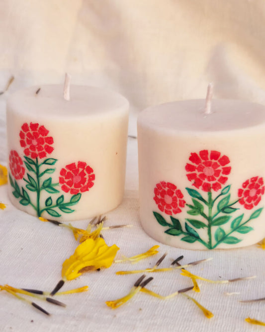 Indian Flower Handpainted Candle Set of 2