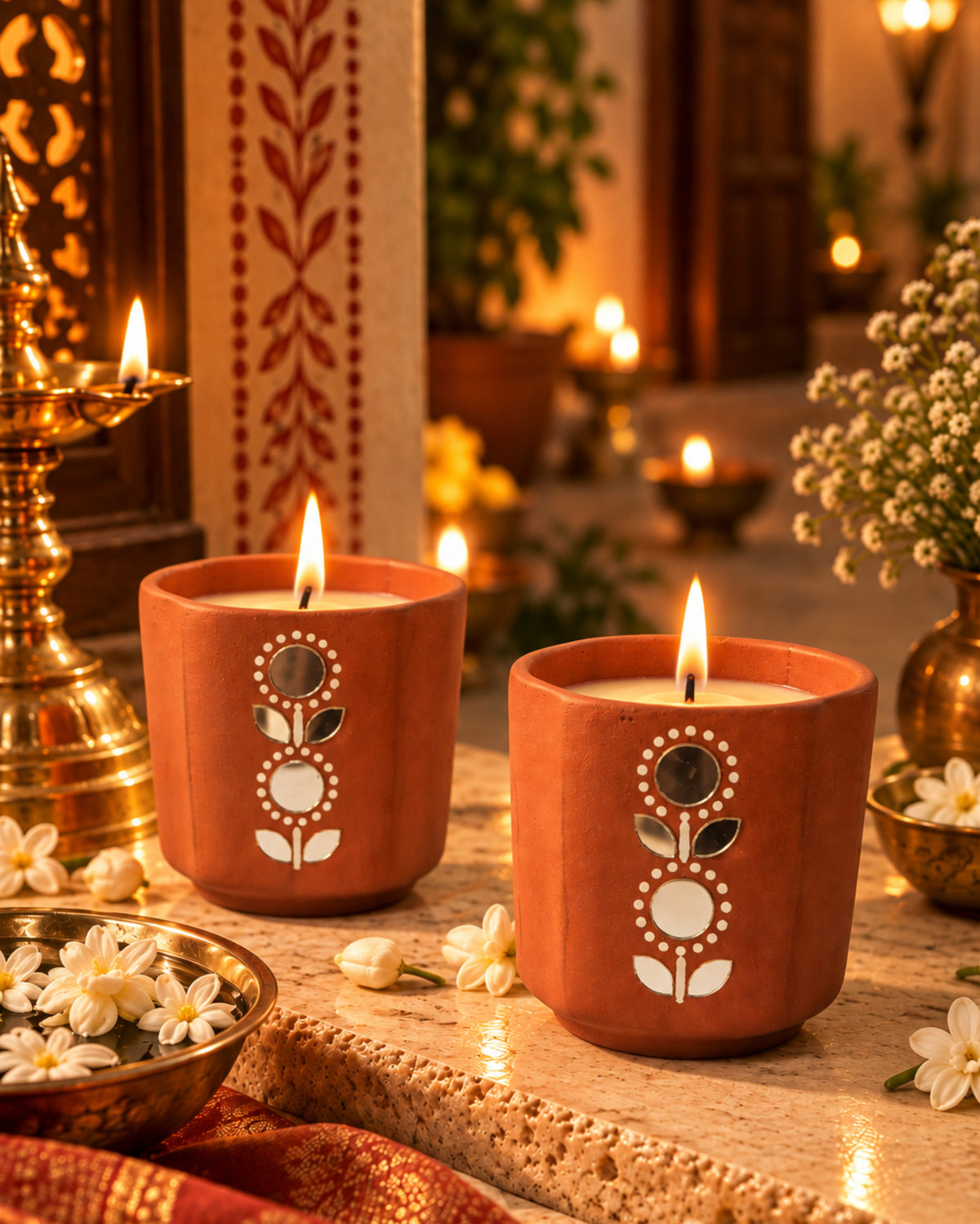 Phool Bahaar - Mirror work terracotta candle set